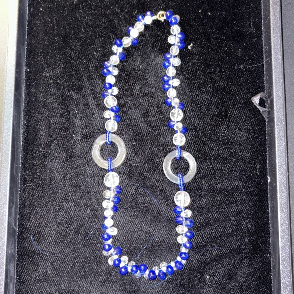 Vintage Art Deco Blue & Clear Glass Bead Necklace – 1920s Family Heirloom